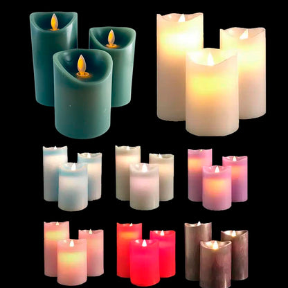 LED Bloklys - 3 stk. - 12/15/17 cm - med 3D Flamme - (Flere Farver)