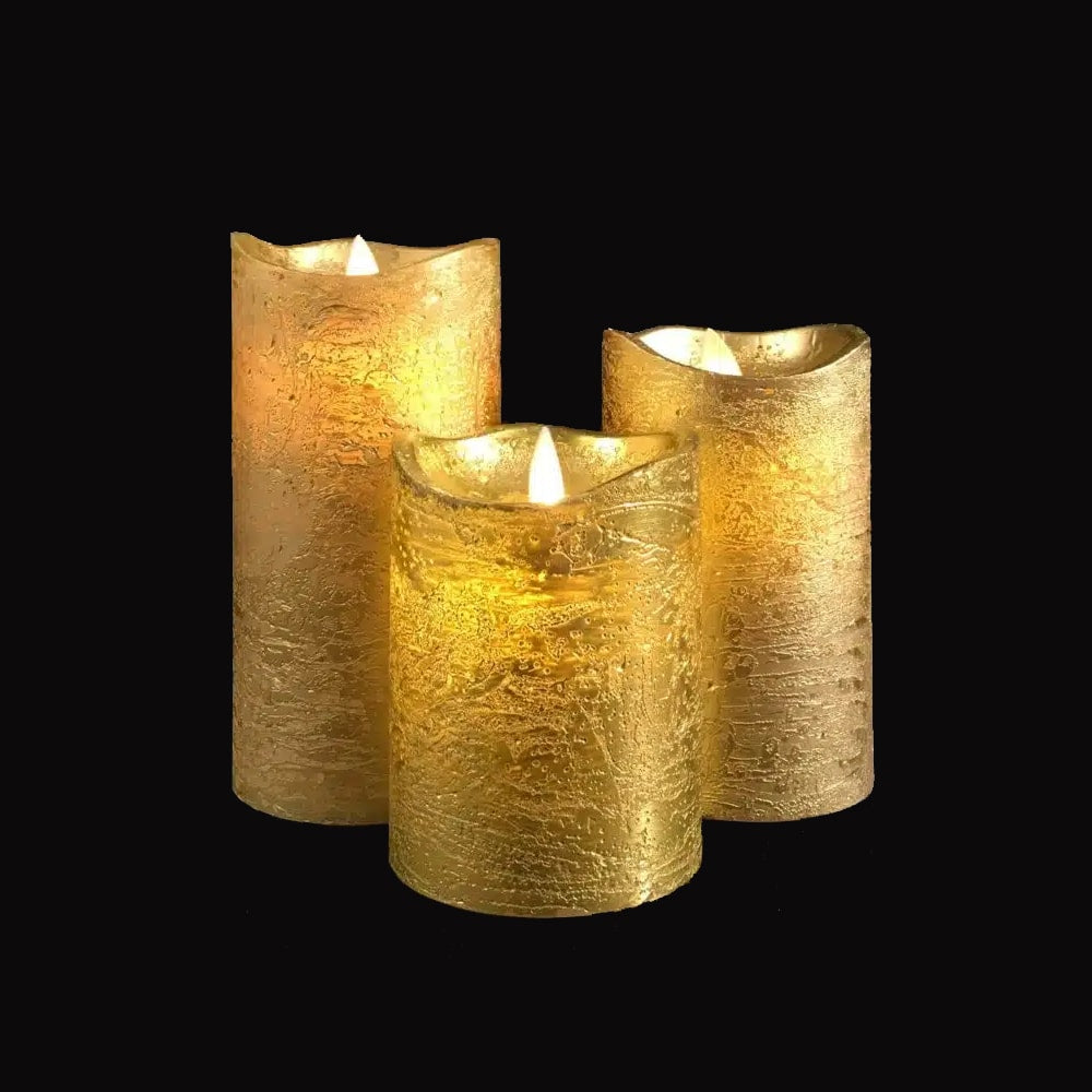 LED Bloklys - 3 stk. - 12/15/17 cm - med 3D Flamme - (Flere Farver)