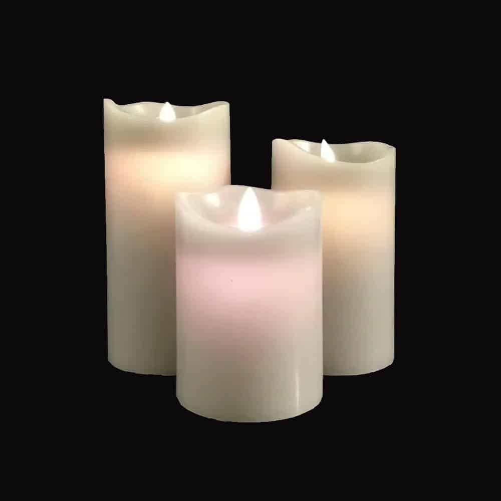 LED Bloklys - 3 stk. - 12/15/17 cm - med 3D Flamme - (Flere Farver)