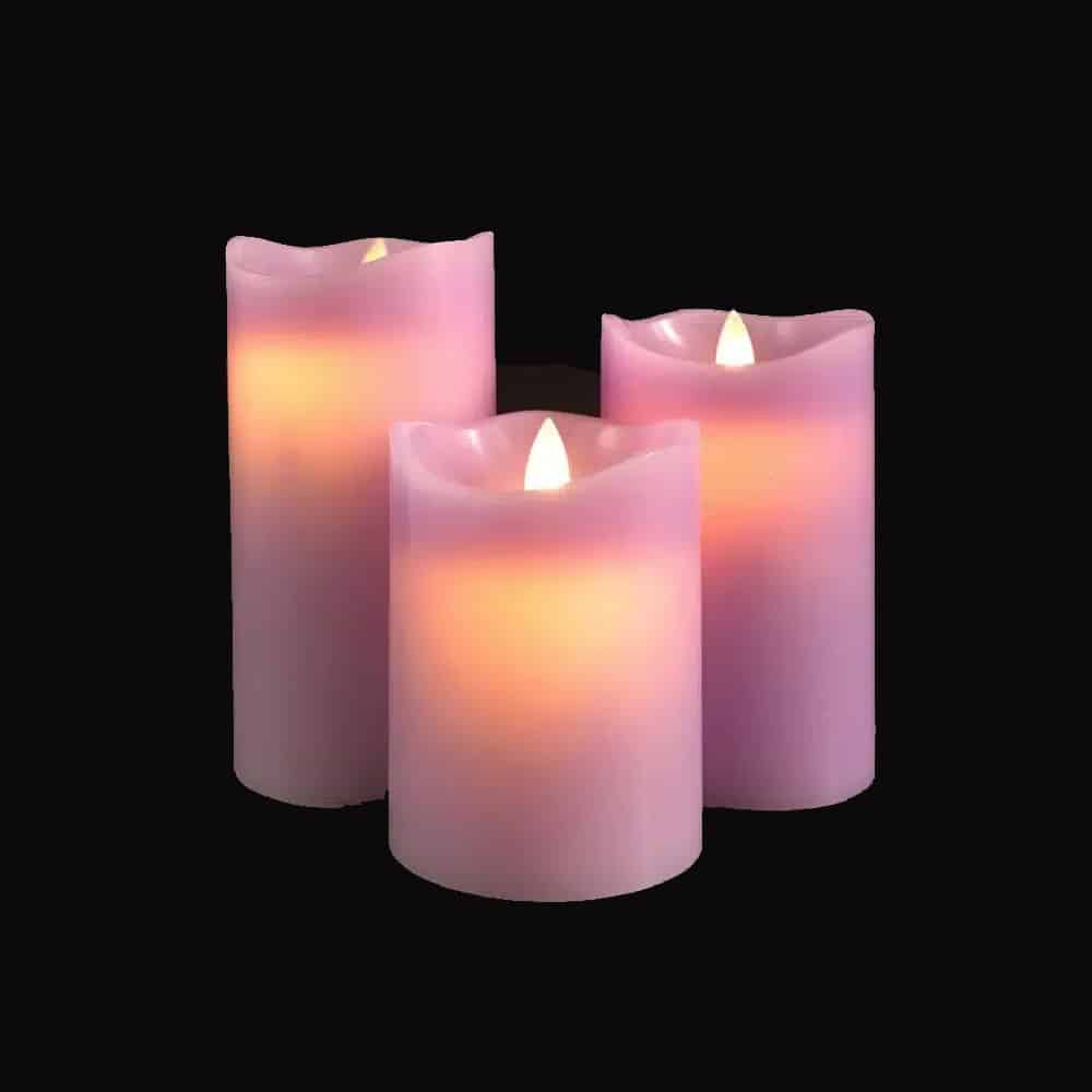 LED Bloklys - 3 stk. - 12/15/17 cm - med 3D Flamme - (Flere Farver)