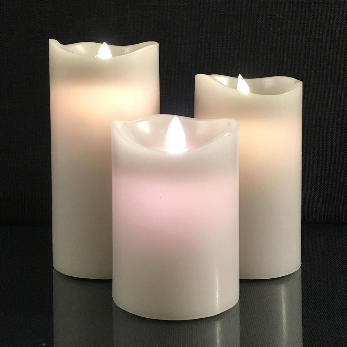 LED Bloklys - 3 stk. - 12/15/17 cm - med 3D Flamme - (Flere Farver)