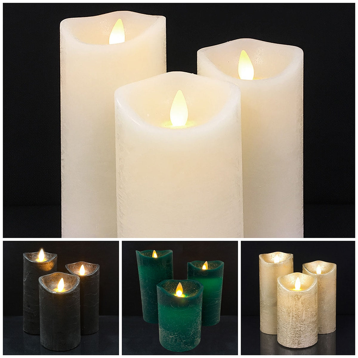 LED Bloklys - RUSTIK - 3 stk. - 10/12,5/15 cm - med 3D Flamme - (flere farver)