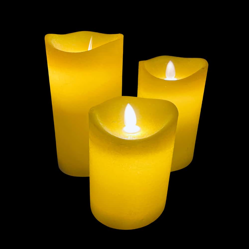 LED Bloklys - RUSTIK - 3 stk. - 10/12,5/15 cm - med 3D Flamme - (flere farver)