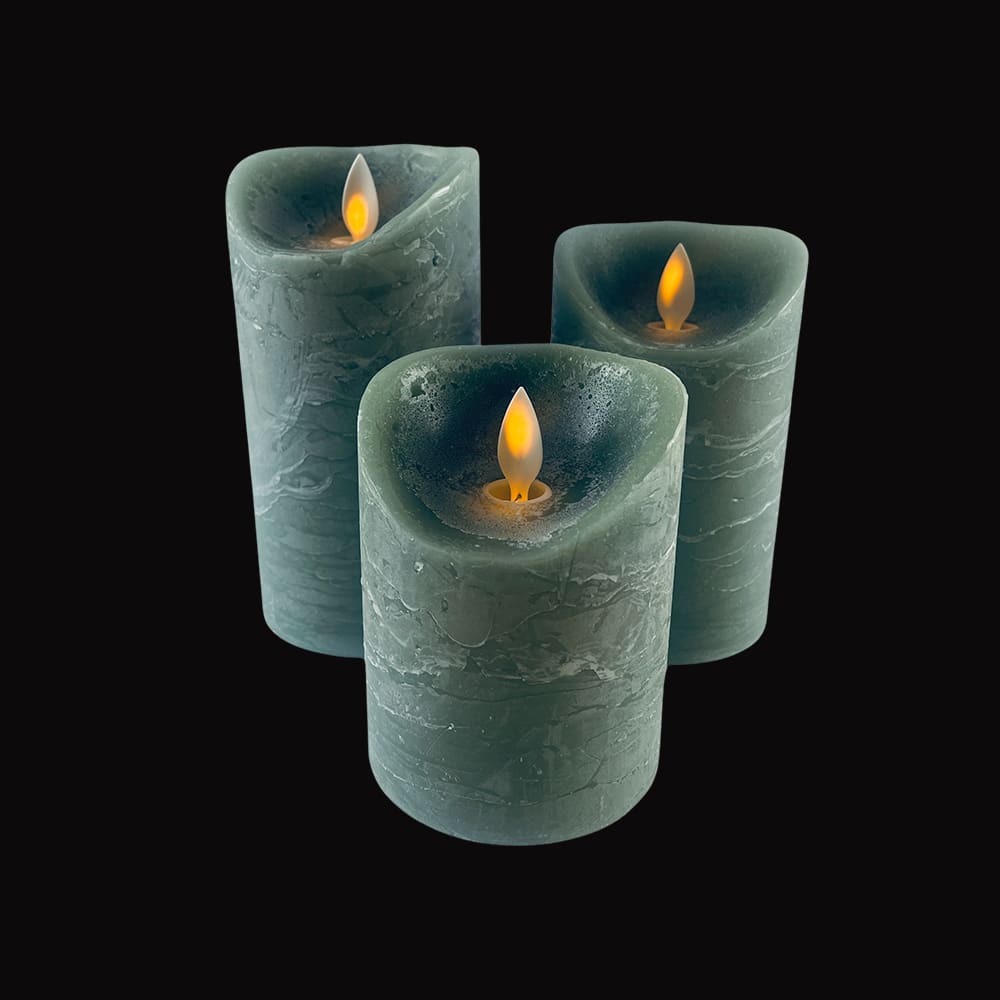 LED Bloklys - RUSTIK - 3 stk. - 10/12,5/15 cm - med 3D Flamme - (flere farver)