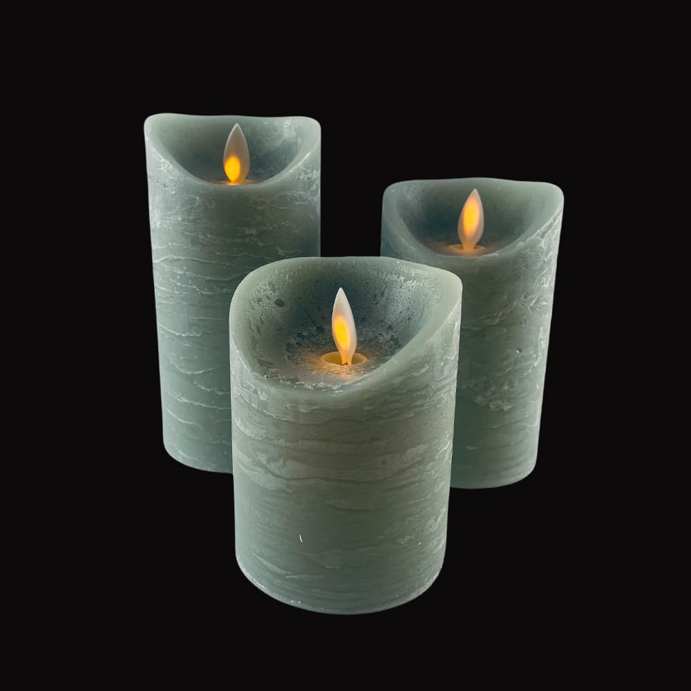 LED Bloklys - RUSTIK - 3 stk. - 10/12,5/15 cm - med 3D Flamme - (flere farver)