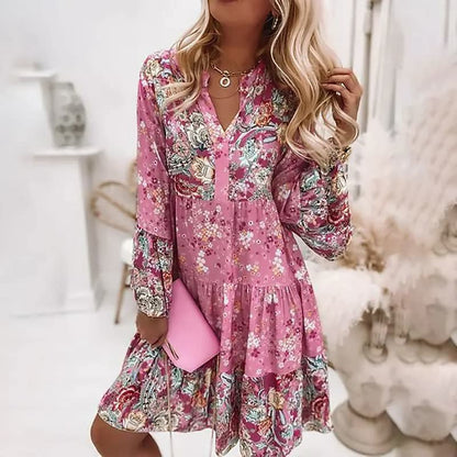 Image of Lena | Dame V-Hals Mini Blomstret Langærmet Kjole