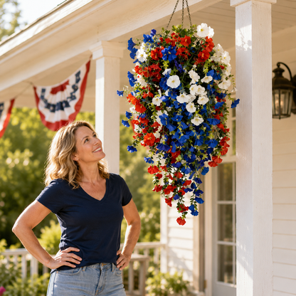 Liberty Bloom – Patriotisk Hængende Blomsterkurv med LED Lys, Røde Hvide Blå Silke Blomster til 4. Juli Porch Dekor