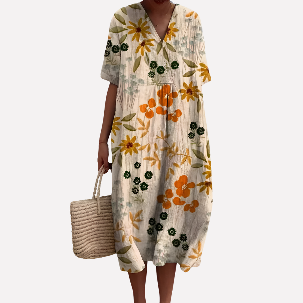 Image of Lisbet | Dame V-Hals Blomstret Midi Kjole