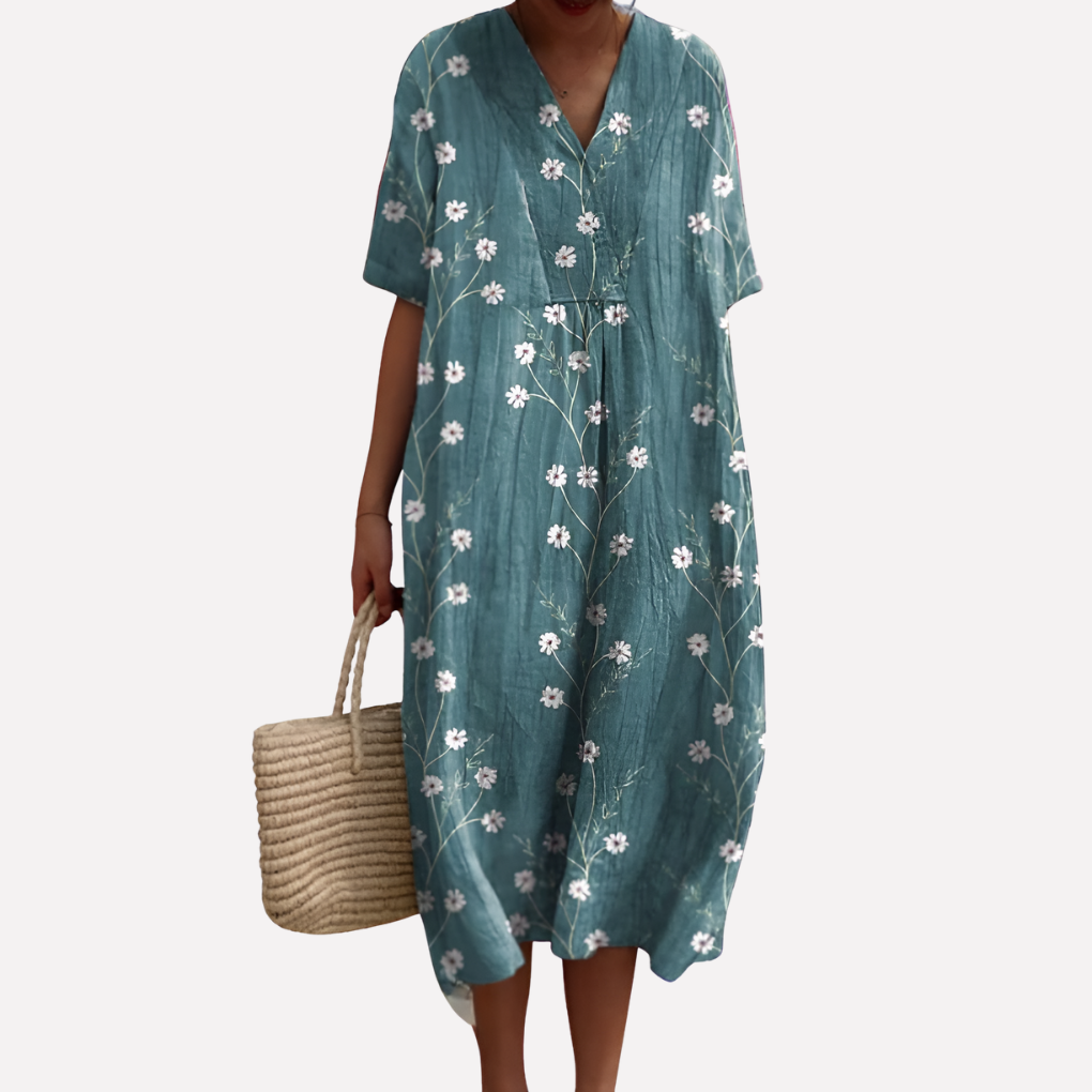 Image of Lisbet | Dame V-Hals Blomstret Midi Kjole