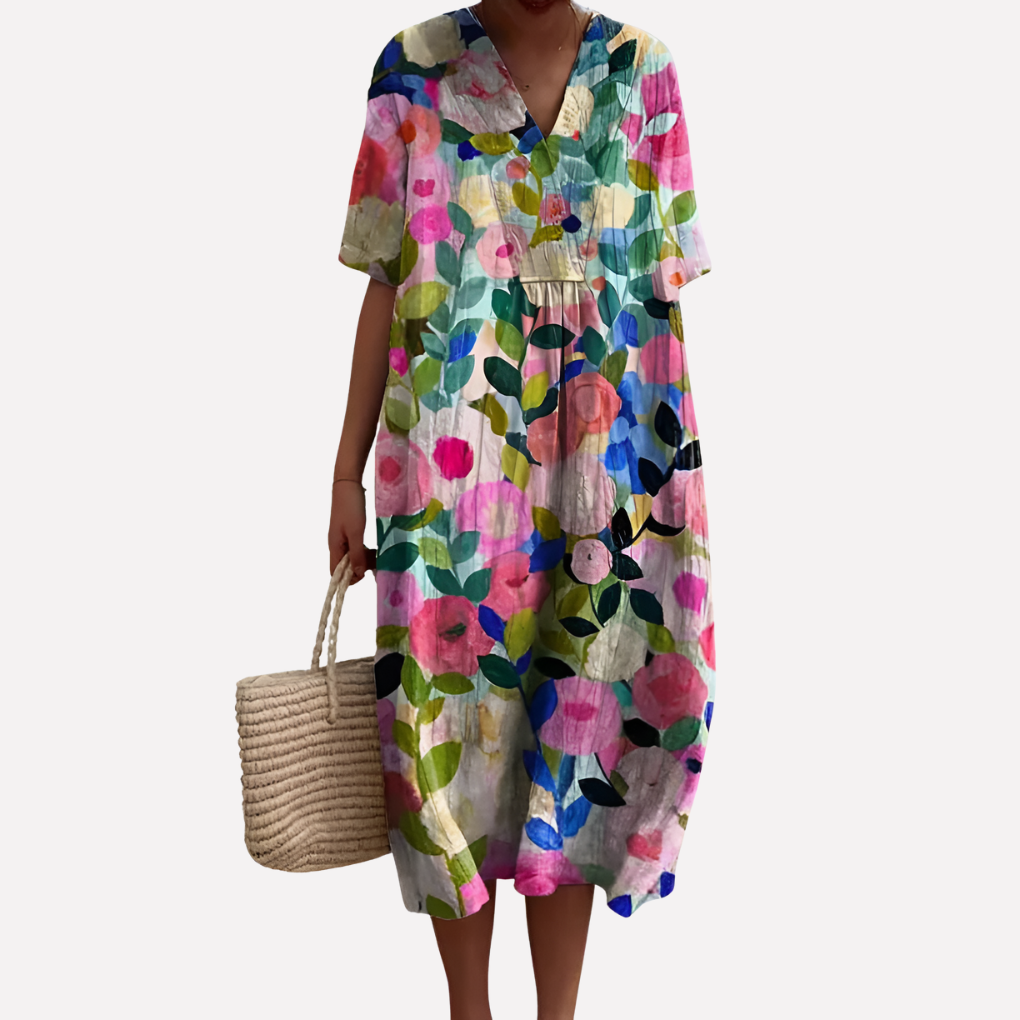 Image of Lisbet | Dame V-Hals Blomstret Midi Kjole