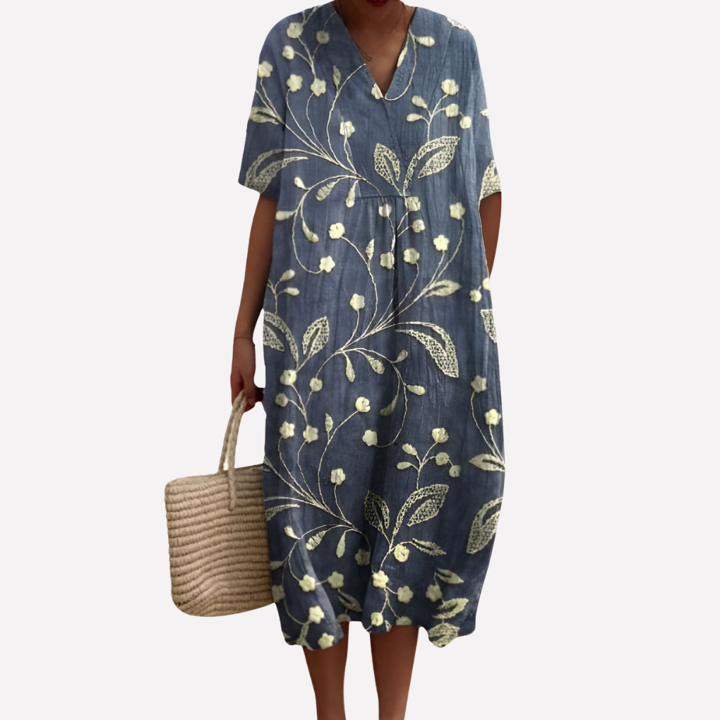 Image of Lisbet | Dame V-Hals Blomstret Midi Kjole