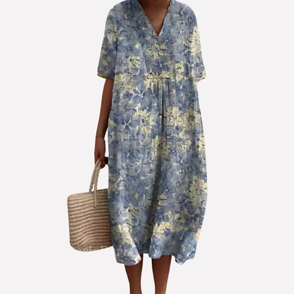 Image of Lisbet | Dame V-Hals Blomstret Midi Kjole