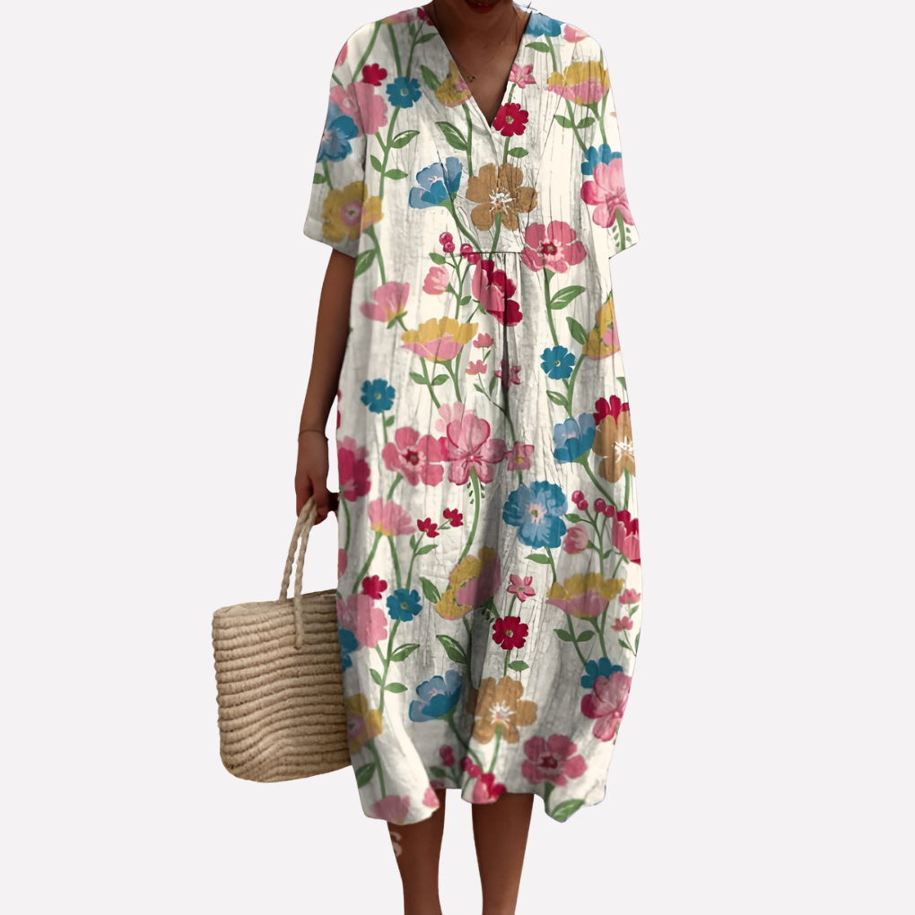 Image of Lisbet | Dame V-Hals Blomstret Midi Kjole