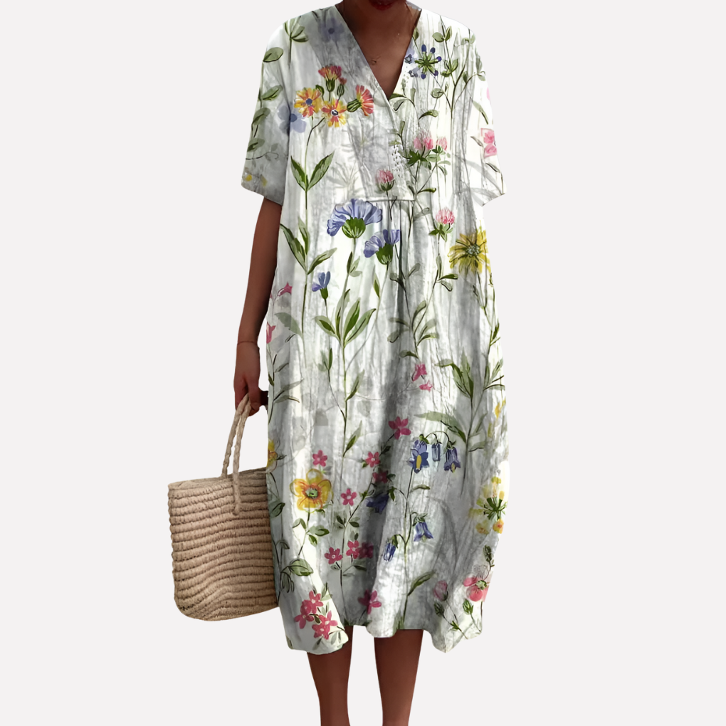 Image of Lisbet | Dame V-Hals Blomstret Midi Kjole