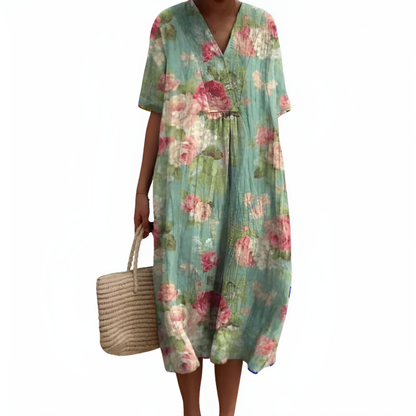 Image of Lisbet | Dame V-Hals Blomstret Midi Kjole