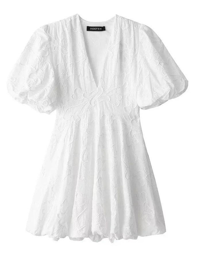 Image of Livia | Dame Puff Ærme V-Hals Mini Kjole