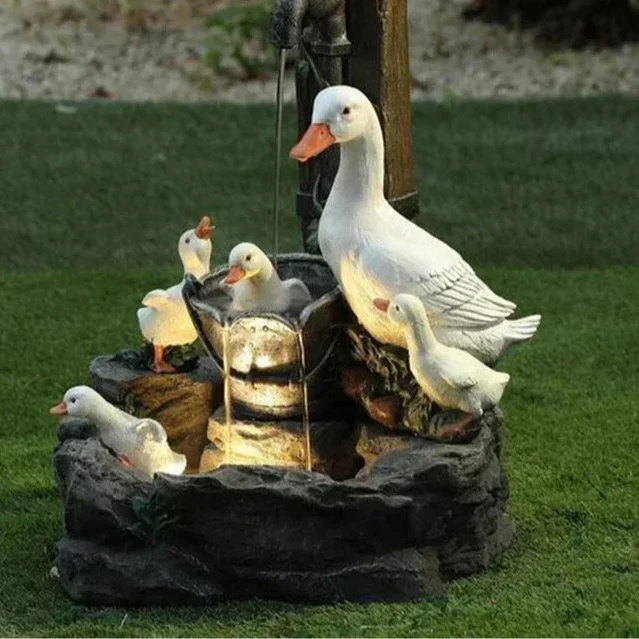 Marcelie | Lunaverde Sol Deco Springvand And & Egern | Havefigur med LED Lys | Vejrbestandig Resin | Til Terrasse & Balkon