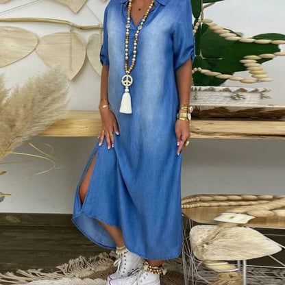 Maxi-skjortekjole i denim-look til kvinder med afslappet pasform og sideslids