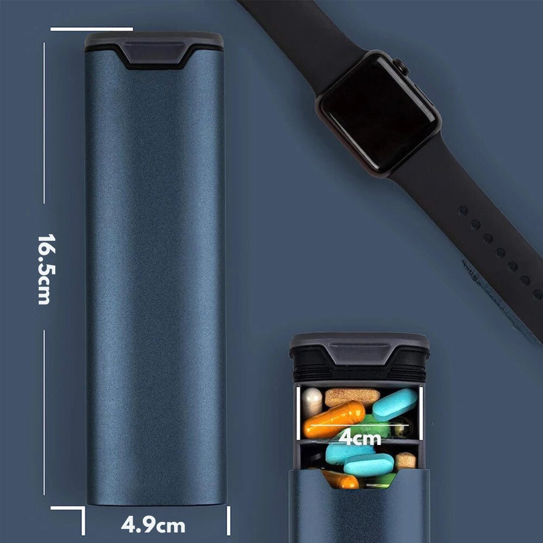 MediEase Uge Pille Organizer – Elegant Træ & Aluminium Pilleboks