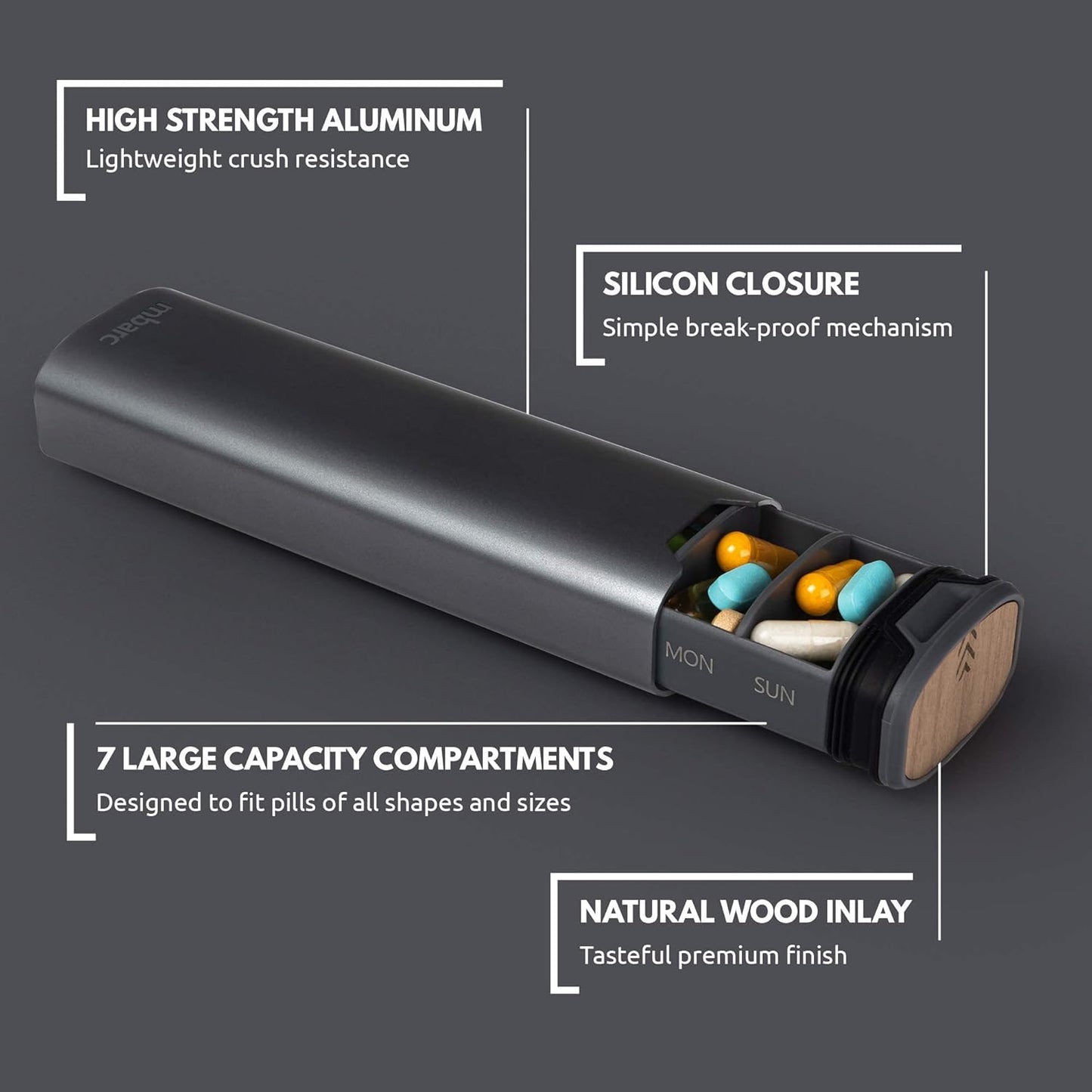 MediEase Uge Pille Organizer – Elegant Træ & Aluminium Pilleboks