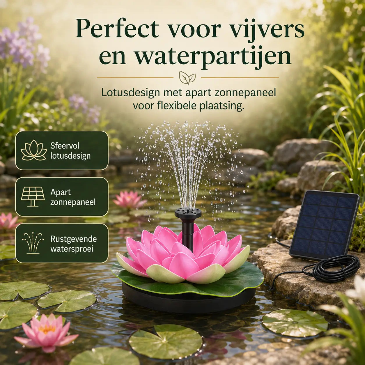 Miljøvenlig springvand til bassiner og damme med vores Solar Oasis™