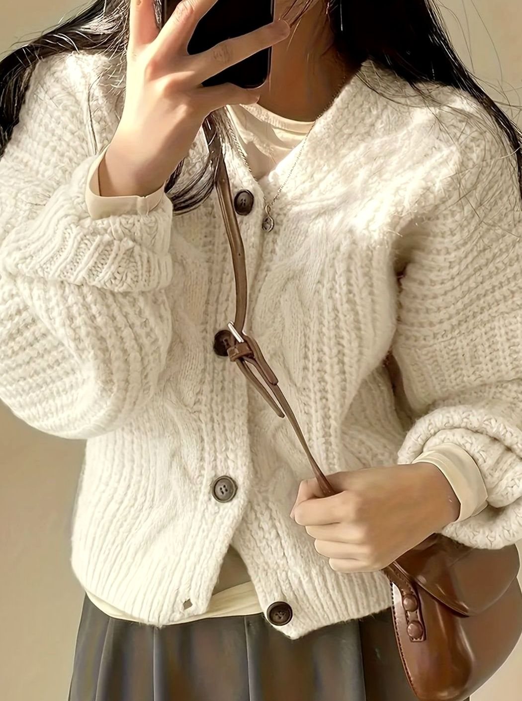 Oversized kabelstrikket cardigan med knapper til damer