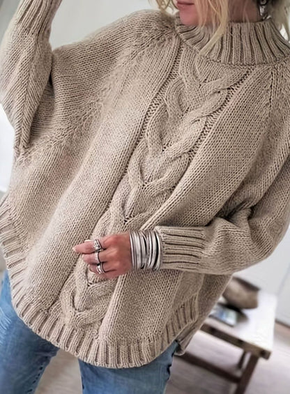 Oversized kabelstrikket sweater med høj hals til damer