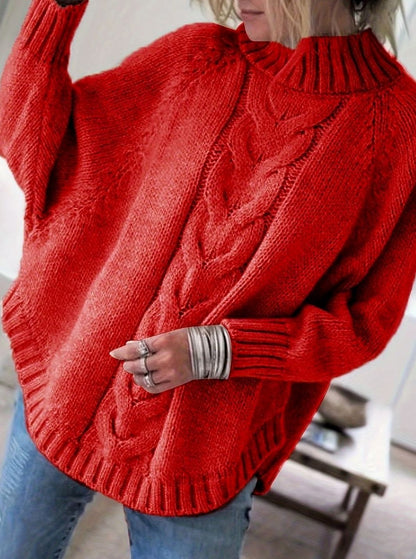 Oversized kabelstrikket sweater med høj hals til damer