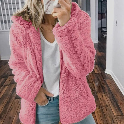 Oversized teddyfleece-jakke med hætte og lynlås til damer