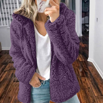 Oversized teddyfleece-jakke med hætte og lynlås til damer
