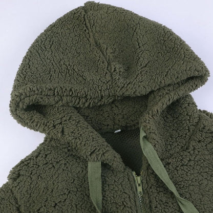 Oversized teddyfleece-jakke med hætte og lynlås til damer