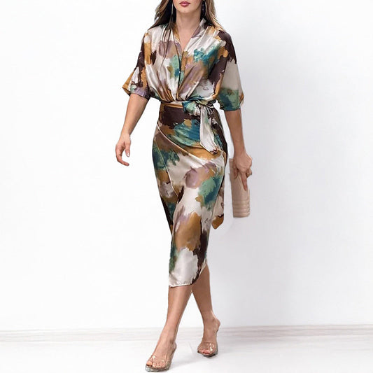 India | Robe midi imprimée en satin de luxe - Image 1