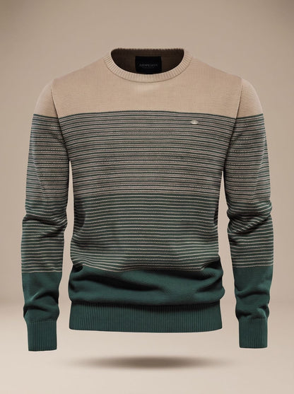Stribet striktrøje med colorblock og rund hals til mænd