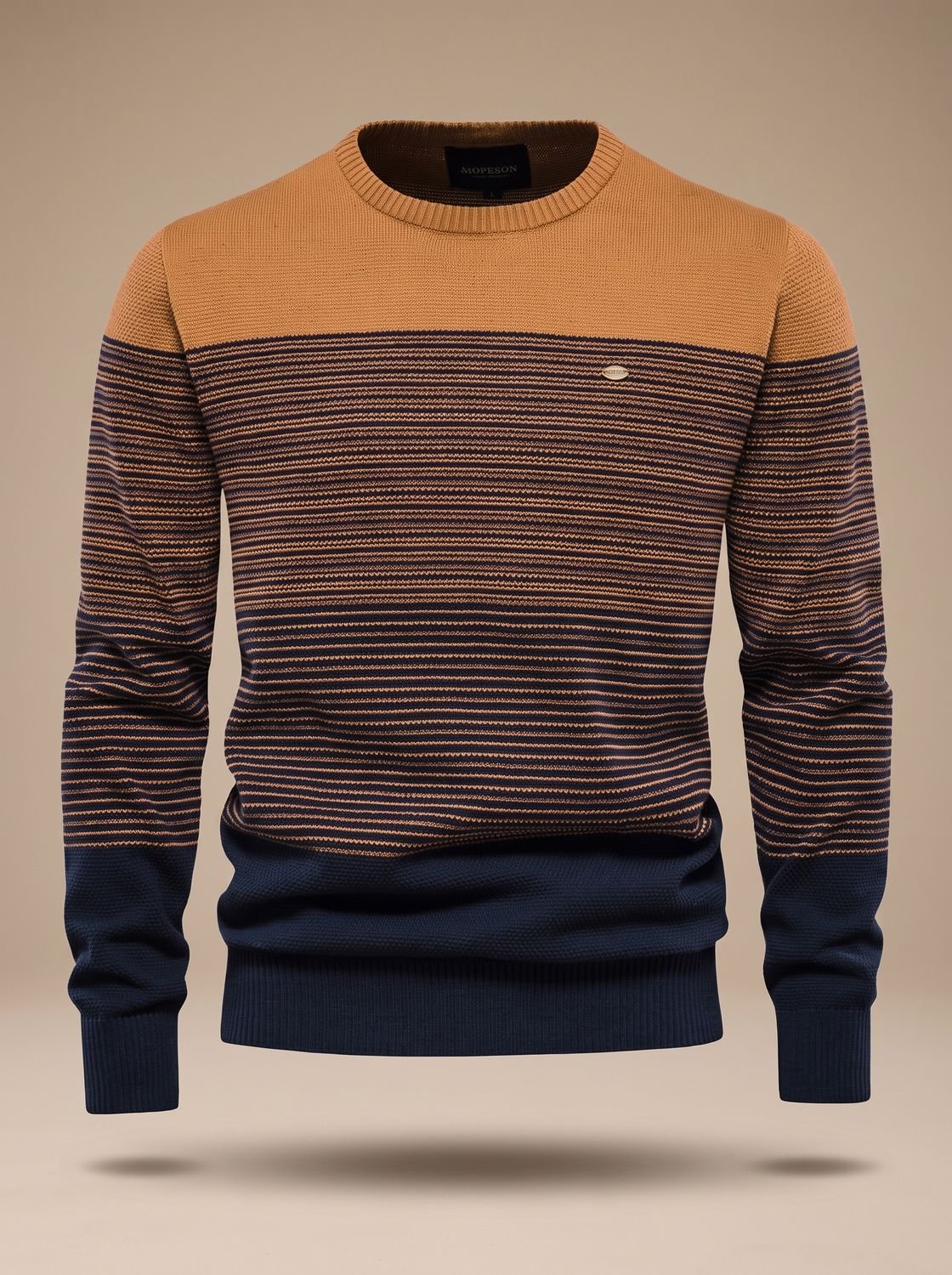 Stribet striktrøje med colorblock og rund hals til mænd