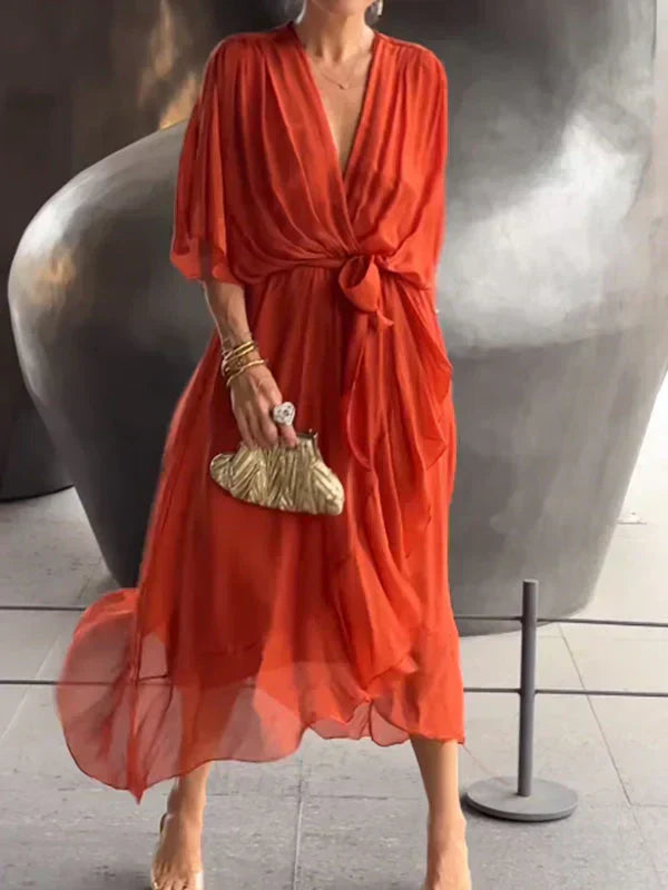 Image of Svanhild | Dame V-Hals Slå-Om Midi Kjole