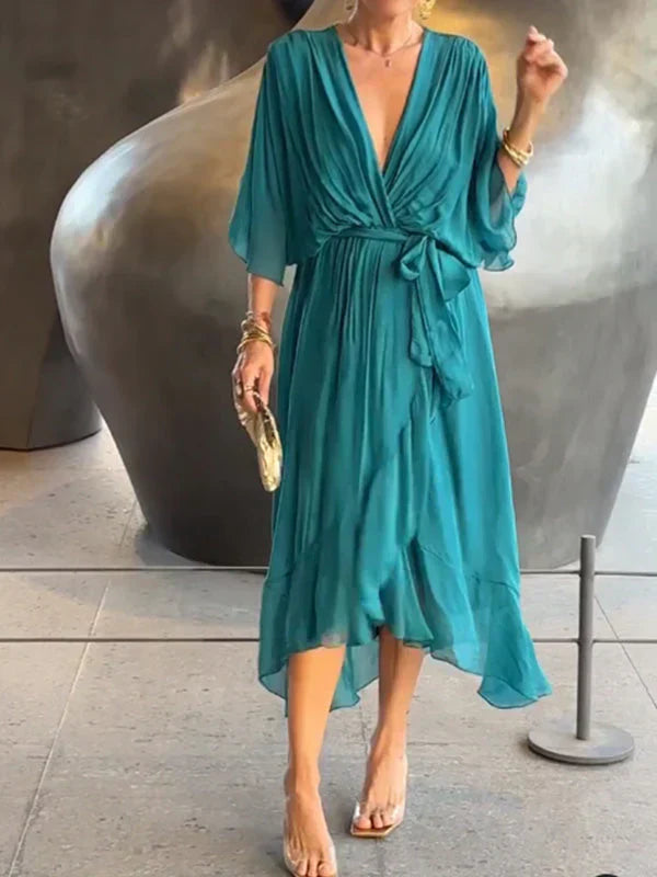 Image of Svanhild | Dame V-Hals Slå-Om Midi Kjole