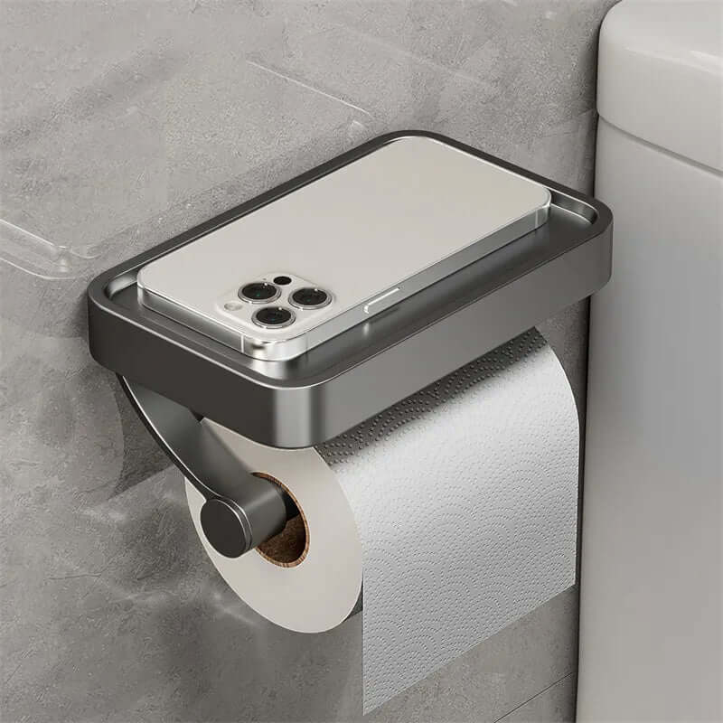 Toiletpapirholder i rustfrit stål med hylde