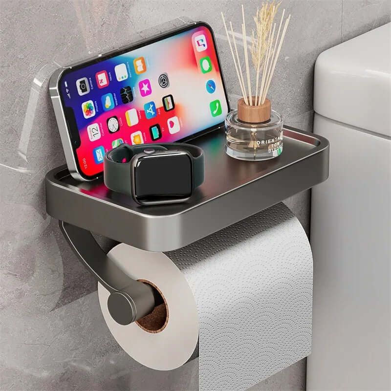 Toiletpapirholder i rustfrit stål med hylde