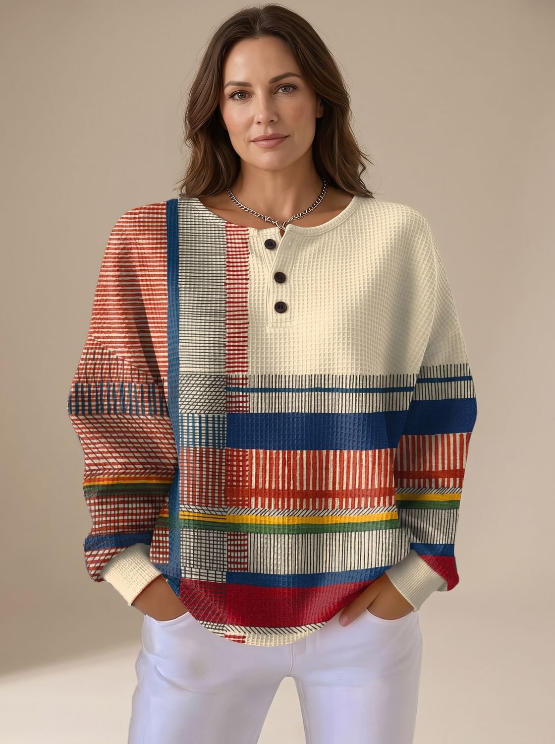 Vaffelstrikket henley-striktrøje med colorblock til damer